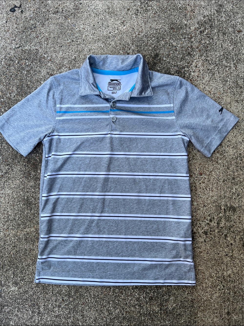 Slazenger Kids Grey Polo with White and Light Blue Stripes